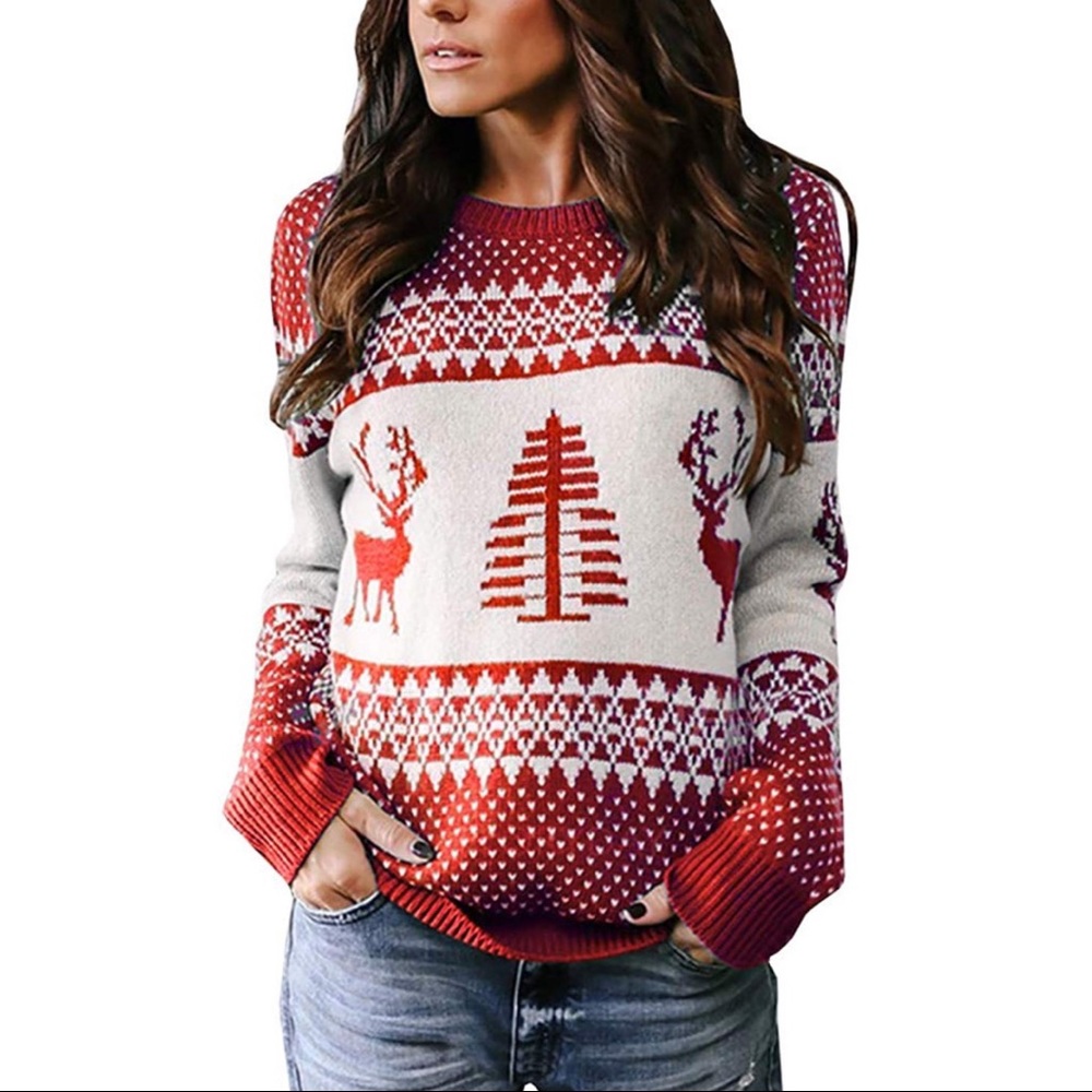 Ugly Christmas Sweater Reindeer Tree Knit Pullover